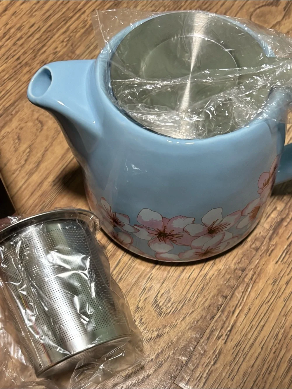 Alfred Light Blue Ceramic Teapot with Pink Floral Accent